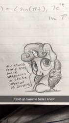 Size: 1080x1920 | Tagged: safe, artist:bobdude0, character:sweetie belle, species:pony, species:unicorn, dialogue, lined paper, math, meta, traditional art