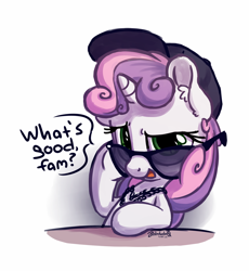 Size: 1100x1195 | Tagged: safe, artist:bobdude0, character:sweetie belle, cap, clothing, cute, dank sweetie, hat, solo, sunglasses