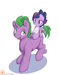 Size: 1775x2250 | Tagged: safe, artist:alasou, character:spike, character:twilight sparkle, species:dragon, species:pony, species:unicorn, blank flank, dragoness, dragonified, dragons riding ponies, duo, female, male, patreon, patreon logo, ponified, ponified spike, riding, role reversal, simple background, species swap, stallion, twilidragon, white background