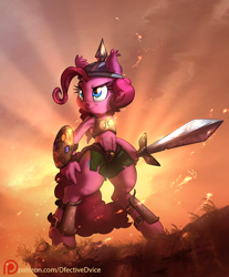 Size: 1150x1386 | Tagged: safe, artist:dfectivedvice, artist:vest, character:pinkie pie, species:anthro, species:earth pony, species:pony, species:unguligrade anthro, clothing, colored, ear fluff, female, helmet, patreon, patreon logo, shield, smiling, solo, sword, weapon