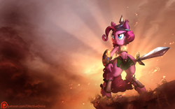 Size: 1920x1200 | Tagged: safe, alternate version, artist:dfectivedvice, artist:vest, character:pinkie pie, species:anthro, abs, colored, ear fluff, female, helmet, heroic posing, patreon, patreon logo, pi, protection, shield, solo, sword, wallpaper, weapon