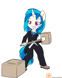 Size: 1080x1350 | Tagged: safe, artist:alasou, character:dj pon-3, character:vinyl scratch, species:anthro, species:plantigrade anthro, species:pony, species:unicorn, bow tie, chibi, clothing, female, formal wear, grin, hammer, mallet, musical instrument, patreon, patreon logo, simple background, smiling, solo, sophisticated as hell, white background