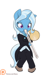 Size: 1050x1575 | Tagged: safe, artist:alasou, character:trixie, species:anthro, species:plantigrade anthro, chibi, female, musical instrument, patreon, patreon logo, simple background, solo, trombone, white background