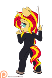 Size: 1050x1575 | Tagged: safe, artist:alasou, character:sunset shimmer, species:anthro, species:pony, species:unicorn, baton, chibi, clothing, cute, female, looking at you, looking back, mare, open mouth, patreon, patreon logo, shimmerbetes, simple background, solo, white background