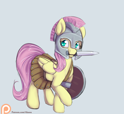Size: 1300x1200 | Tagged: safe, artist:alasou, character:fluttershy, armor, gladiator, helmet, mouth hold, patreon, patreon logo, raised hoof, shield, solo, sword, weapon