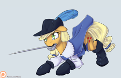 Size: 2100x1350 | Tagged: safe, artist:alasou, character:applejack, clothing, hat, mouth hold, musketeer, patreon, patreon logo, rapier, simple background, solo, sword, weapon