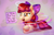 Size: 1700x1100 | Tagged: safe, artist:bobdude0, artist:flowbish, character:apple bloom, species:earth pony, species:pony, g4, abstract background, adorabloom, cute, dialogue, earth pony magic, female, filly, lying down, open mouth, prone, signature, solo, speech bubble, text, three quarter view, young