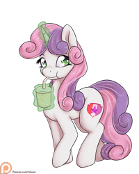 Size: 1200x1500 | Tagged: safe, artist:alasou, character:sweetie belle, species:pony, species:unicorn, bendy straw, cute, cutie mark, diasweetes, drink, drinking, drinking straw, female, glowing horn, levitation, looking at you, magic, mare, older, patreon, patreon logo, simple background, solo, straw, telekinesis, the cmc's cutie marks, transparent background