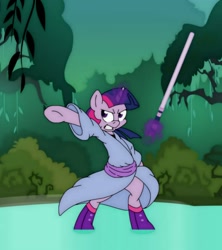 Size: 1200x1350 | Tagged: safe, artist:dfectivedvice, artist:oncewasmine, character:twilight sparkle, species:pony, bipedal, crossover, jedi, lightsaber, magic, solo, star wars, swamp, telekinesis, weapon