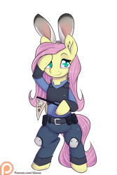 Size: 1200x1800 | Tagged: safe, artist:alasou, character:fluttershy, species:pony, animal ears, bipedal, bunny ears, clothing, cosplay, costume, crossover, cute, female, judy hopps, looking at you, patreon, patreon logo, salute, shyabetes, simple background, smiling, solo, transparent background, zootopia