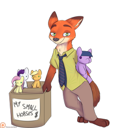 Size: 1650x1800 | Tagged: safe, artist:alasou, character:applejack, character:fluttershy, character:rarity, character:twilight sparkle, species:fox, bootleg, crossover, nick wilde, patreon, patreon logo, plushie, seems legit, simple background, smiling, smirk, transparent background, zootopia