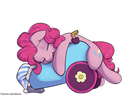 Size: 1400x1050 | Tagged: safe, artist:alasou, character:pinkie pie, species:earth pony, species:pony, clothing, cute, female, hat, mare, nightcap, party cannon, patreon, simple background, sleeping, solo, transparent background