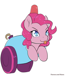Size: 1050x1225 | Tagged: safe, artist:alasou, character:pinkie pie, blep, party cannon, patreon, pony cannonball, simple background, solo, tongue out, transparent background