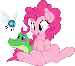 Size: 6806x6000 | Tagged: safe, artist:dfectivedvice, artist:mactavish1996, character:gummy, character:pinkie pie, species:pony, absurd resolution, cute, diapinkes, ear fluff, featureless crotch, parasprite, simple background, sitting, transparent background, vector