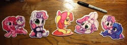 Size: 2650x956 | Tagged: safe, artist:bobdude0, character:apple bloom, character:pinkie pie, character:princess luna, character:sweetie belle, adorabloom, cute, diapinkes, diasweetes, filly, lunabetes, ponies riding ponies, sharpie, sticker, woona