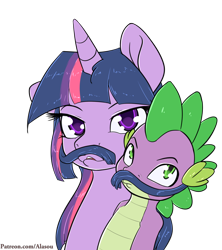 Size: 1200x1350 | Tagged: safe, artist:alasou, character:spike, character:twilight sparkle, character:twilight sparkle (alicorn), species:alicorn, species:pony, duo, moustache, patreon, simple background, transparent background
