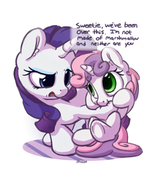 Size: 1100x1200 | Tagged: safe, artist:bobdude0, character:rarity, character:sweetie belle, species:pony, species:unicorn, biting, cute, dialogue, diasweetes, eye contact, eyeshadow, female, filly, food, hoof biting, looking at each other, makeup, marshmallow, munching, nom, raribetes, rarity is a marshmallow, siblings, sisters, sweetie belle is a marshmallow too, underhoof
