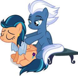 Size: 3576x3500 | Tagged: safe, artist:ambassad0r, character:indigo zap, character:night glider, ponyscape, my little pony:equestria girls, .svg available, bedroom eyes, bench, cute, duo, ear piercing, equestria girls ponified, eyes closed, massage, piercing, ponified, relaxing, simple background, sitting, towel, transparent background, vector