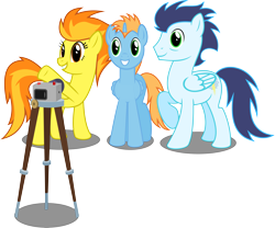 Size: 7000x5816 | Tagged: safe, artist:ambassad0r, character:soarin', character:spitfire, oc, oc:harmony star, species:alicorn, species:pony, absurd resolution, alicorn oc, camera, simple background, transparent background, vector