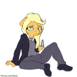 Size: 1350x1350 | Tagged: safe, artist:alasou, character:applejack, species:anthro, species:plantigrade anthro, clothing, crossover, derp, female, harry potter, patreon, ron weasley, simple background, solo, transparent background, wand