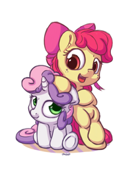 Size: 1100x1400 | Tagged: safe, artist:bobdude0, character:apple bloom, character:sweetie belle, species:earth pony, species:pony, species:unicorn, adorabloom, bipedal, bipedal leaning, bow, cute, diasweetes, female, filly, hair bow, leaning, open mouth, simple background, smiling, white background