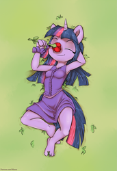 Size: 1075x1575 | Tagged: safe, artist:alasou, character:twilight sparkle, species:anthro, species:plantigrade anthro, armpits, barefoot, clothing, cute, dress, eyes closed, feet, female, flower, grass, on back, rose, smelling, smiling, solo, twiabetes