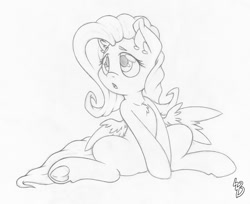 Size: 1500x1221 | Tagged: safe, artist:dfectivedvice, character:fluttershy, chest fluff, cute, grayscale, looking away, monochrome, open mouth, shyabetes, simple background, sitting, solo, spread legs, spread wings, spreading, traditional art, underhoof, white background, wings