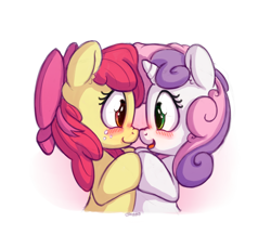 Size: 1200x1100 | Tagged: safe, artist:bobdude0, character:apple bloom, character:sweetie belle, species:earth pony, species:pony, species:unicorn, ship:sweetiebloom, adorabloom, blushing, boop, cute, diasweetes, female, filly, freckles, lesbian, looking at each other, noseboop, open mouth, shipping, simple background, smiling, white background