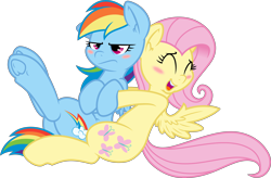 Size: 11400x7500 | Tagged: safe, artist:dfectivedvice, artist:mactavish1996, character:fluttershy, character:rainbow dash, species:pony, ship:flutterdash, absurd resolution, blushing, cute, ear fluff, eyes closed, female, frog (hoof), hape, hug, lesbian, mare, open mouth, shipping, simple background, transparent background, underhoof, vector