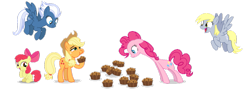 Size: 1023x373 | Tagged: safe, artist:ambassad0r, artist:dashiesparkle, artist:duskstripe87, artist:hawk9mm, artist:luckreza8, character:apple bloom, character:applejack, character:derpy hooves, character:night glider, character:pinkie pie, species:pegasus, species:pony, apple brown betty (food), female, food, mare, simple background, transparent background, vector
