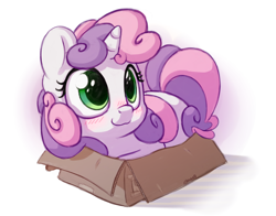Size: 1400x1100 | Tagged: safe, artist:bobdude0, character:sweetie belle, species:pony, species:unicorn, g4, :3, behaving like a cat, blushing, box, cute, diasweetes, female, kitty belle, pony in a box, prone, simple background, smiling, solo, weapons-grade cute, white background