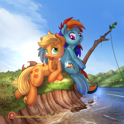 Size: 1920x1920 | Tagged: safe, artist:dfectivedvice, artist:vest, character:applejack, character:rainbow dash, species:earth pony, species:pegasus, species:pony, ship:appledash, backwards cutie mark, chest fluff, collaboration, cute, dashabetes, female, fishing, jackabetes, lesbian, mare, open mouth, patreon, patreon logo, shipping