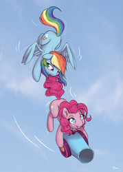 Size: 1771x2480 | Tagged: safe, artist:alasou, character:pinkie pie, character:rainbow dash, floppy ears, flying, mouth hold, party cannon, print, sweat, tail bite