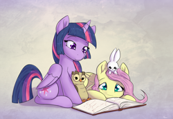 Size: 1736x1198 | Tagged: safe, artist:alasou, character:angel bunny, character:fluttershy, character:owlowiscious, character:twilight sparkle, character:twilight sparkle (alicorn), species:alicorn, species:pony, book, cute, photo, print, prone, reading, shyabetes, twiabetes