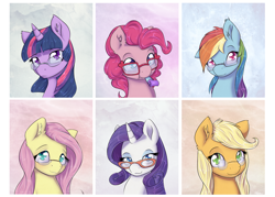 Size: 1984x1417 | Tagged: safe, artist:alasou, character:applejack, character:fluttershy, character:pinkie pie, character:rainbow dash, character:rarity, character:twilight sparkle, species:earth pony, species:pegasus, species:pony, species:unicorn, :t, adorkable, cute, dashabetes, diapinkes, dork, ear fluff, female, glasses, hatless, jackabetes, lidded eyes, looking at you, mane six, mare, missing accessory, mouth hold, print, puffy cheeks, raribetes, shyabetes, smiling, twiabetes