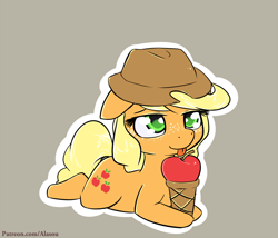 Size: 1050x900 | Tagged: safe, artist:alasou, character:applejack, species:pony, apple, cute, female, food, freckles, ice cream, jackabetes, licking, prone, silly, silly pony, simple background, solo, that pony sure does love apples, tongue out, who's a silly pony