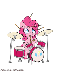 Size: 1350x1650 | Tagged: safe, artist:alasou, character:pinkie pie, chibi, drums, drumsticks, mouth hold, prehensile mane, solo