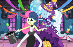 Size: 1000x642 | Tagged: safe, artist:ambassad0r, artist:mixiepie, artist:themexicanpunisher, character:bon bon, character:sweetie drops, character:trixie, my little pony:equestria girls, canterlot high, clothing, disco ball, duo, eyes closed, gloves, hat, top hat, wizard hat