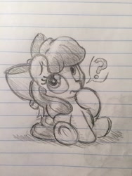 Size: 2448x3264 | Tagged: safe, artist:bobdude0, character:apple bloom, confused, cute, grayscale, lined paper, monochrome, question mark, sitting, sketch, solo, traditional art