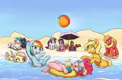 Size: 2000x1321 | Tagged: safe, artist:alasou, character:applejack, character:big mcintosh, character:fluttershy, character:pinkie pie, character:princess celestia, character:princess luna, character:rainbow dash, character:rarity, character:spike, character:twilight sparkle, species:alicorn, species:dragon, species:duck, species:earth pony, species:pony, ball, beach, beach ball, beach umbrella, book, celestia is not amused, colored pupils, cute, drool, drool string, female, floatie, fluttershark, food, ice cream, inner tube, male, mane seven, mane six, mare, missing accessory, missing cutie mark, nap, prank, prankstershy, prone, sand, sand castle, shark, shark fin, shark pony, shyabetes, sleeping, stallion, sunglasses, sunscreen, umbrella, unamused, water