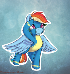 Size: 1575x1675 | Tagged: safe, artist:alasou, character:rainbow dash, species:pegasus, species:pony, clothing, crying, female, mare, patreon, raised hoof, raised leg, salute, smiling, solo, spread wings, tears of joy, wing fluff, wings, wonderbolts uniform