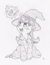Size: 768x1000 | Tagged: safe, artist:dfectivedvice, character:twilight sparkle, species:pony, species:unicorn, blushing, clothing, cute, female, filly, grayscale, hat, magic, monochrome, robe, sitting, solo, telekinesis, twiabetes, wizard hat, wizard robe