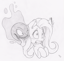 Size: 1000x938 | Tagged: safe, artist:dfectivedvice, character:fluttershy, crossover, duo, gastly, grayscale, hooves to the chest, monochrome, pokémon, scared, simple background, traditional art, white background