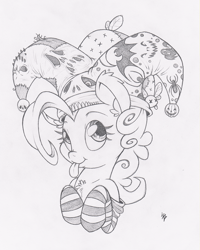Size: 799x1000 | Tagged: safe, artist:dfectivedvice, character:pinkie pie, chest fluff, clothing, cute, diapinkes, grayscale, hat, jester, jester pie, monochrome, socks, solo, striped socks