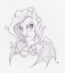 Size: 893x1000 | Tagged: safe, artist:dfectivedvice, character:flutterbat, character:fluttershy, species:bat pony, species:pony, apple, bust, clothing, food, grayscale, monochrome, race swap, simple background, socks, solo, striped socks, traditional art, white background
