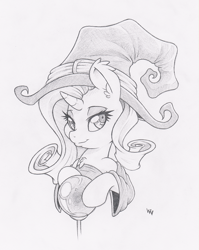 Size: 797x1000 | Tagged: safe, artist:dfectivedvice, character:rarity, clothing, grayscale, hat, monochrome, solo, witch, witch hat