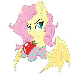 Size: 3000x3000 | Tagged: safe, artist:dfectivedvice, artist:fluttershyelsa, edit, character:flutterbat, character:fluttershy, species:bat pony, species:pony, apple, clothing, color edit, colored, food, race swap, simple background, socks, solo, spread wings, striped socks, transparent background, wings