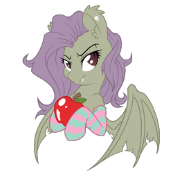 Size: 3000x3000 | Tagged: safe, artist:dfectivedvice, artist:fluttershyelsa, edit, character:flutterbat, character:fluttershy, species:bat pony, species:pony, apple, clothing, color edit, colored, food, race swap, simple background, socks, solo, spread wings, striped socks, transparent background, wings