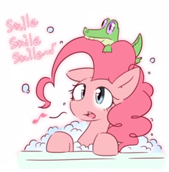 Size: 2019x2057 | Tagged: safe, artist:akainu_pony, character:gummy, character:pinkie pie, species:earth pony, species:pony, alligator, bath, bubble, bubble bath, cute, diapinkes, duo, featured on derpibooru, female, floppy ears, high res, male, mare, music notes, open mouth, singing, smile smile smile, smiling