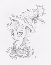 Size: 790x1000 | Tagged: safe, artist:dfectivedvice, character:applejack, bandana, chest fluff, clothing, ear fluff, grayscale, hat, monochrome, prone, rope, socks, solo, striped socks, traditional art